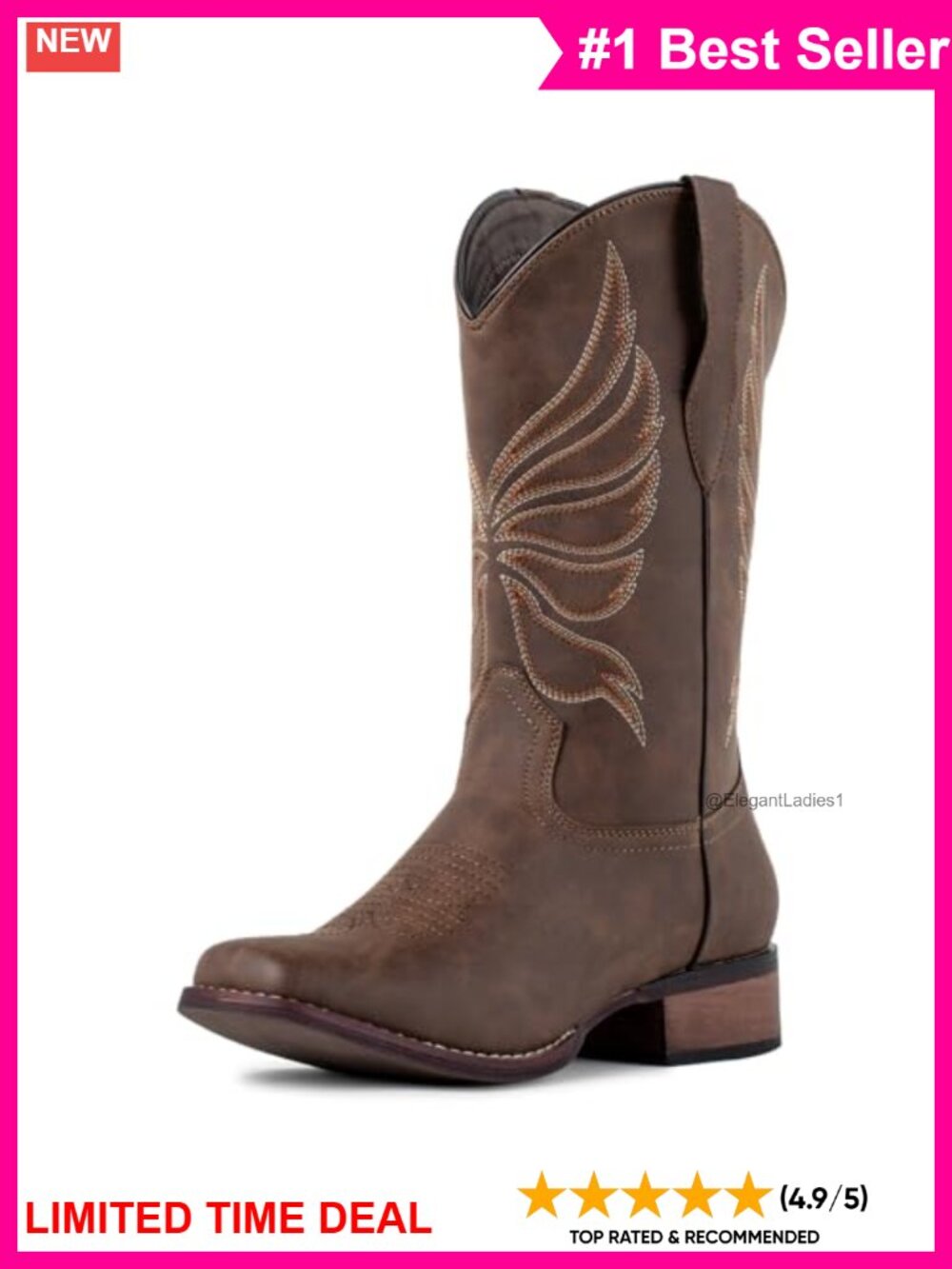 Women's Western Cowboy Boots Square Toe Faux Leather Mid-Calf Pull-On